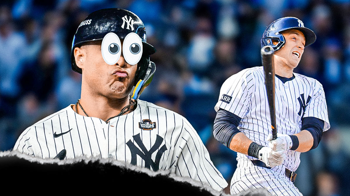 Giancarlo Stanton in a New York Yankees uniform with big cartoon eyes looking at Ben Rice batting in a Yankees uniform as ben rice could breakout in 2025.