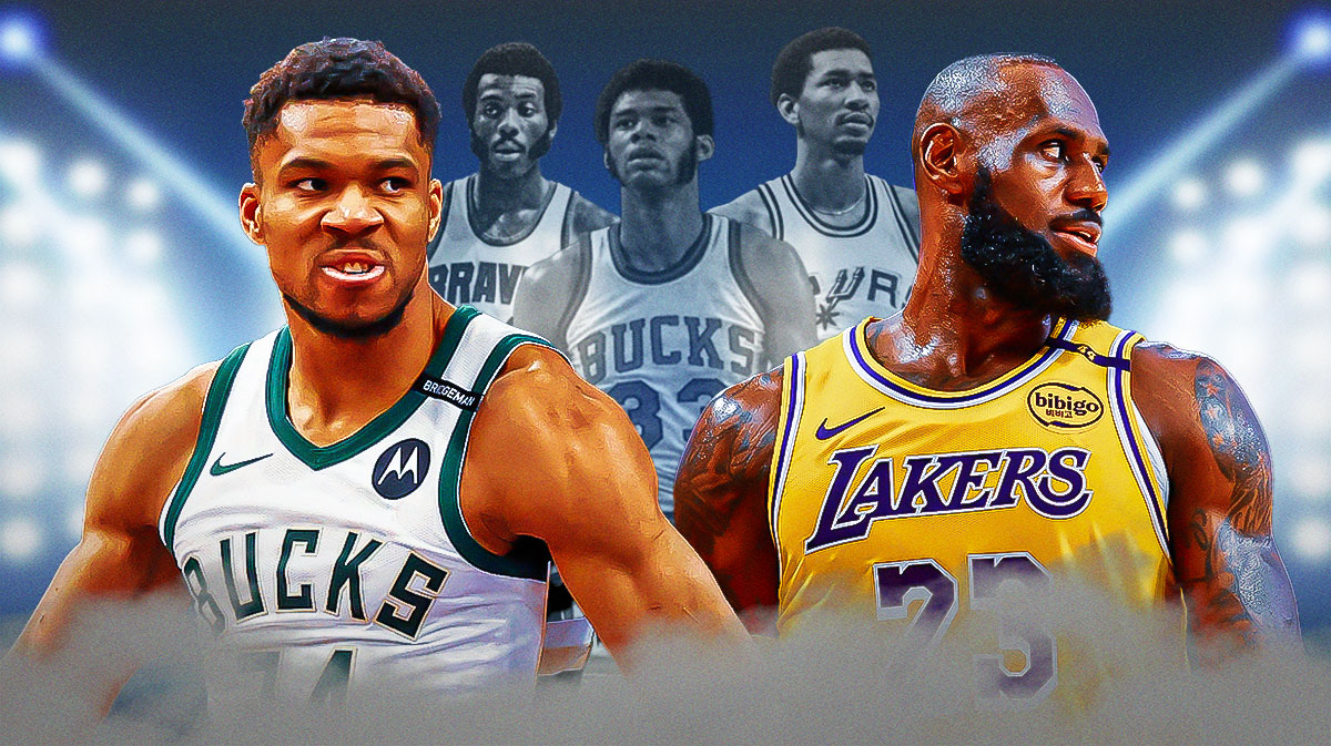 Milwaukee Bucks star Giannis Antetokounmpo and Los Angeles Lakers star LeBron James with Kareem Abdul-Jabbar, Bob McAdoo and George Gervin in the background
