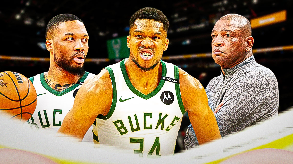 Milwaukee Bucks star Giannis Antetokounmpo in the middle with Damian Lillard and Doc Rivers on either side in front of Fiserv Forum.