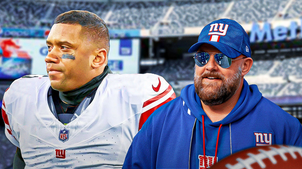 Russell Wilson in a Giants uniform next to Brian Daboll smiling