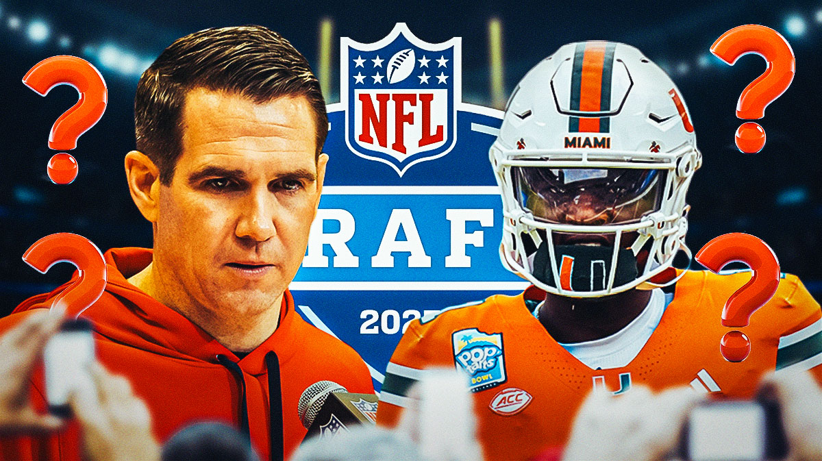 New York Giants GM Joe Schoen with Miami QB Cam Ward. They are surrounded by question mark emojis. There is also a logo for the 2025 NFL Draft.