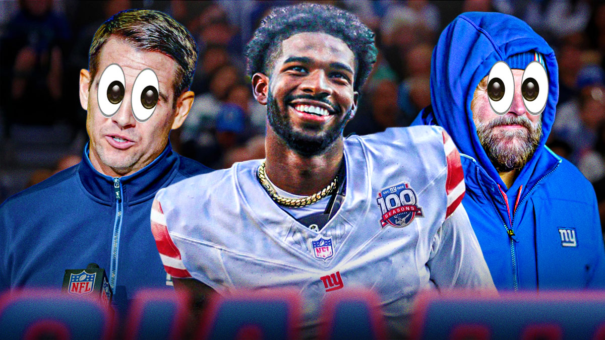 Brian Daboll on the left. Joe Schoen on the right. Shedeur Sanders in a NY Giants uniform in the middle. Googly eyes on both Daboll and Schoen looking at Sanders.