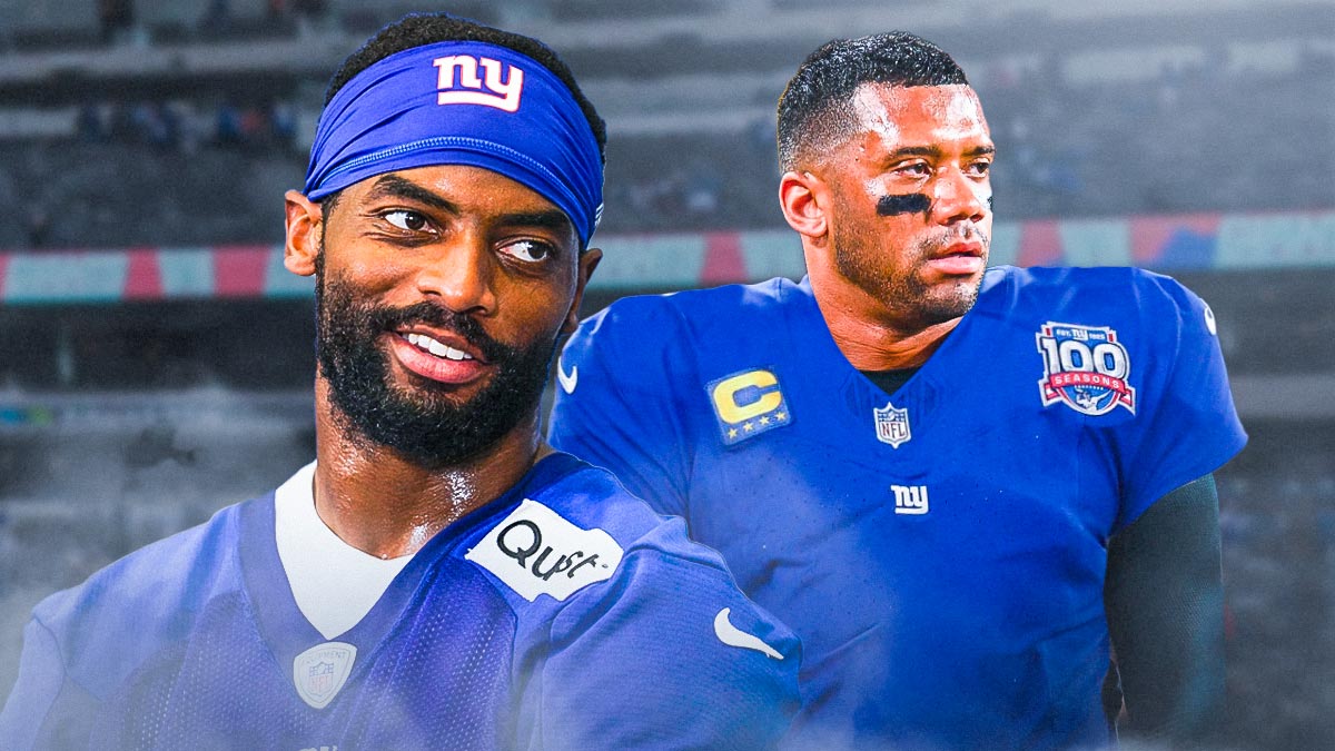 Darius Slayton in a New York Giants uniform and Russell Wilson in a Giants uniform with 100 emojis as slayton welcomed the quarterback to the giants.