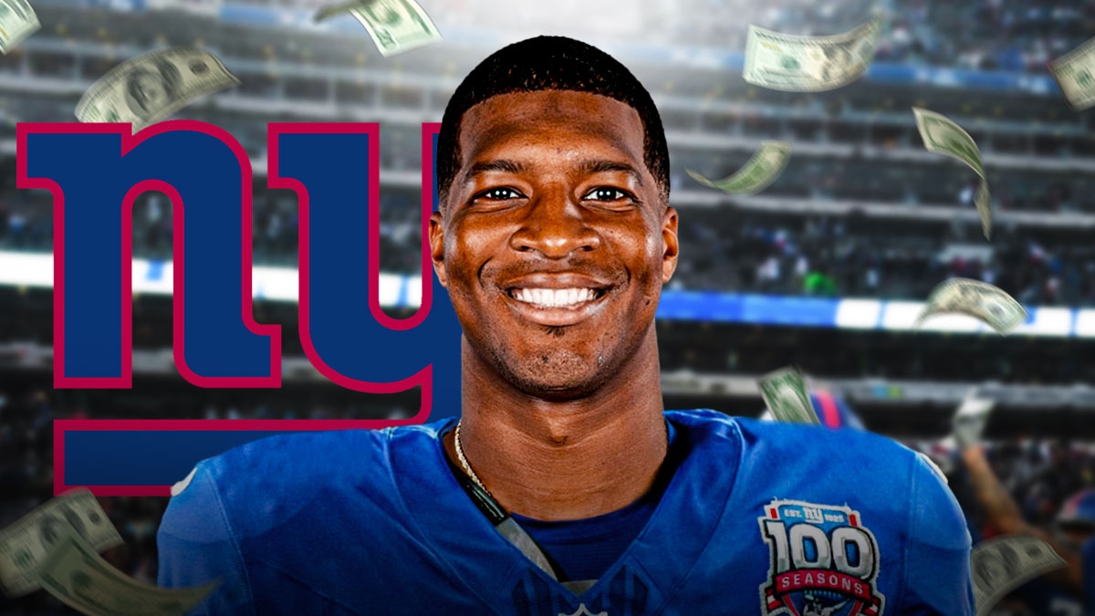 Jameis Winston (in a New York Giants uniform) smiling with money floating all around him. NY Giants logo next to him.