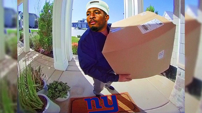 Jameis Winson (Browns) as a man seen on a doorbell camera. Put New York Giants logo on the welcome mat