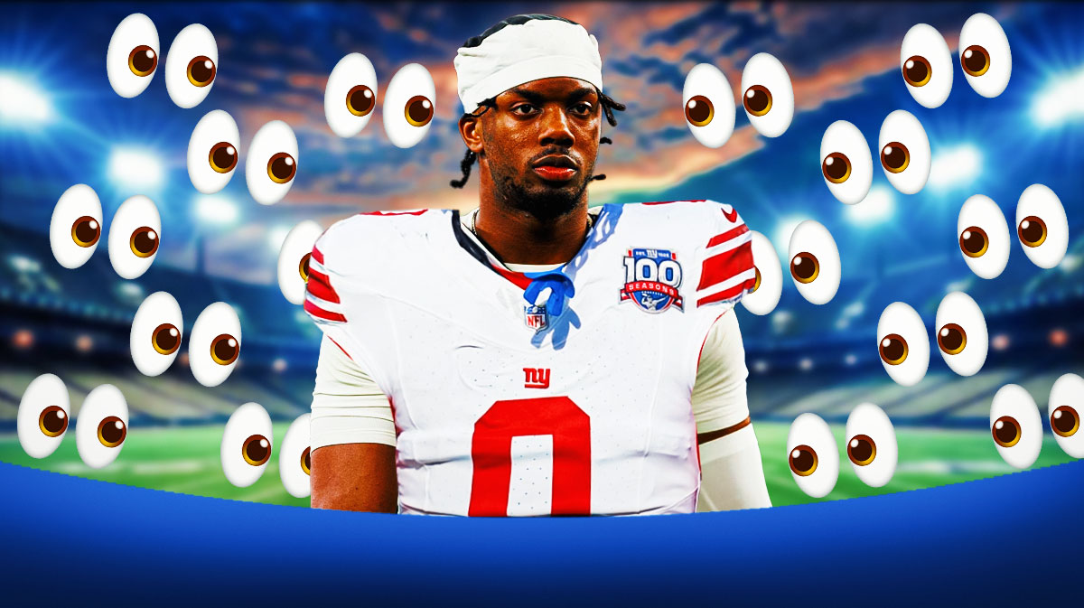 Paulson Adebo in a New York Giants uniform with a bunch of the big eyes emojis in the background