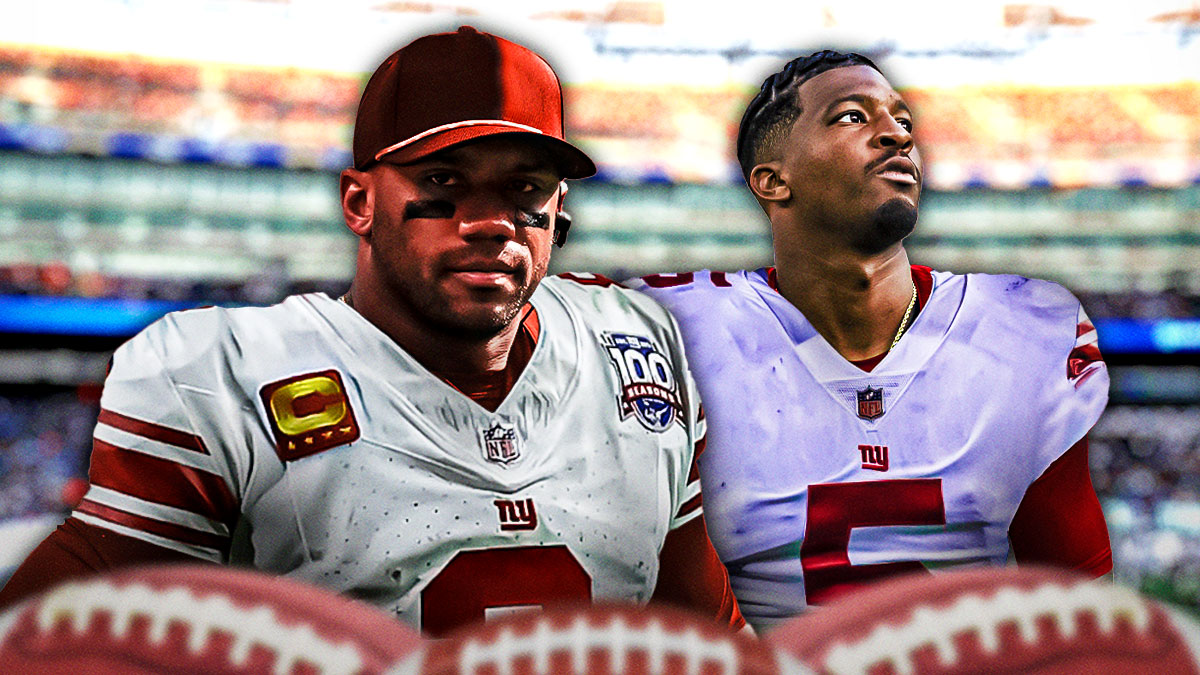 Russell Wilson and Jameis Winston in Giants jerseys.