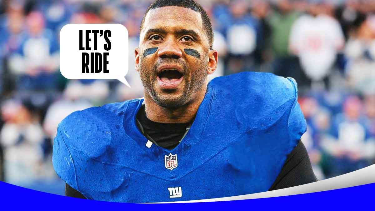 Russell Wilson wearing a Giants uniform with a text bubble reading "Let's ride!" in front of MetLife.