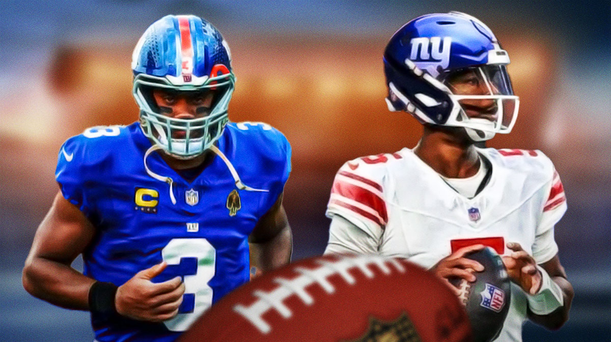 Russell Wilson and Jameis Winston in Giants jerseys.