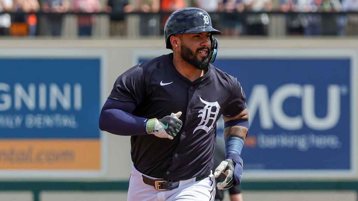 Detroit Tigers second baseman Gleyber Torres (25) runs the bases after hitting a home run during the first inning against the New York Yankees at Publix Field at Joker Marchant Stadium.