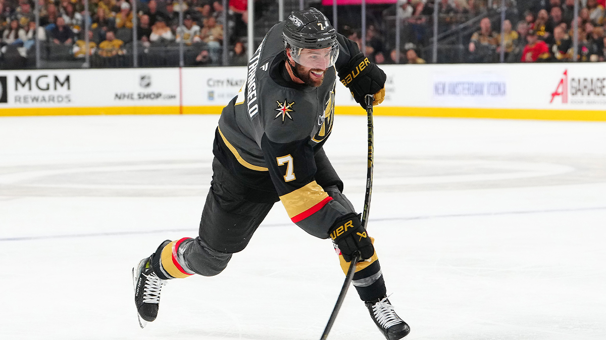 Vegas Golden Knights defenseman Alex Pietrangelo (7) shoots against the Tampa Bay Lightning during the second period at T-Mobile Arena.
