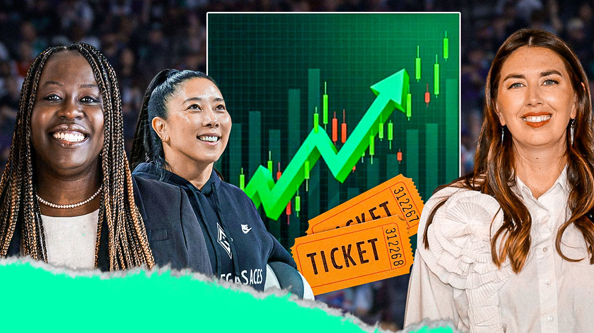 Golden State Valkyries team president Jess Smith, general manager Ohemaa Nyanin, and Valkyries head coach Natalie Nakase with ticket stubs and a stock chart trending up between them