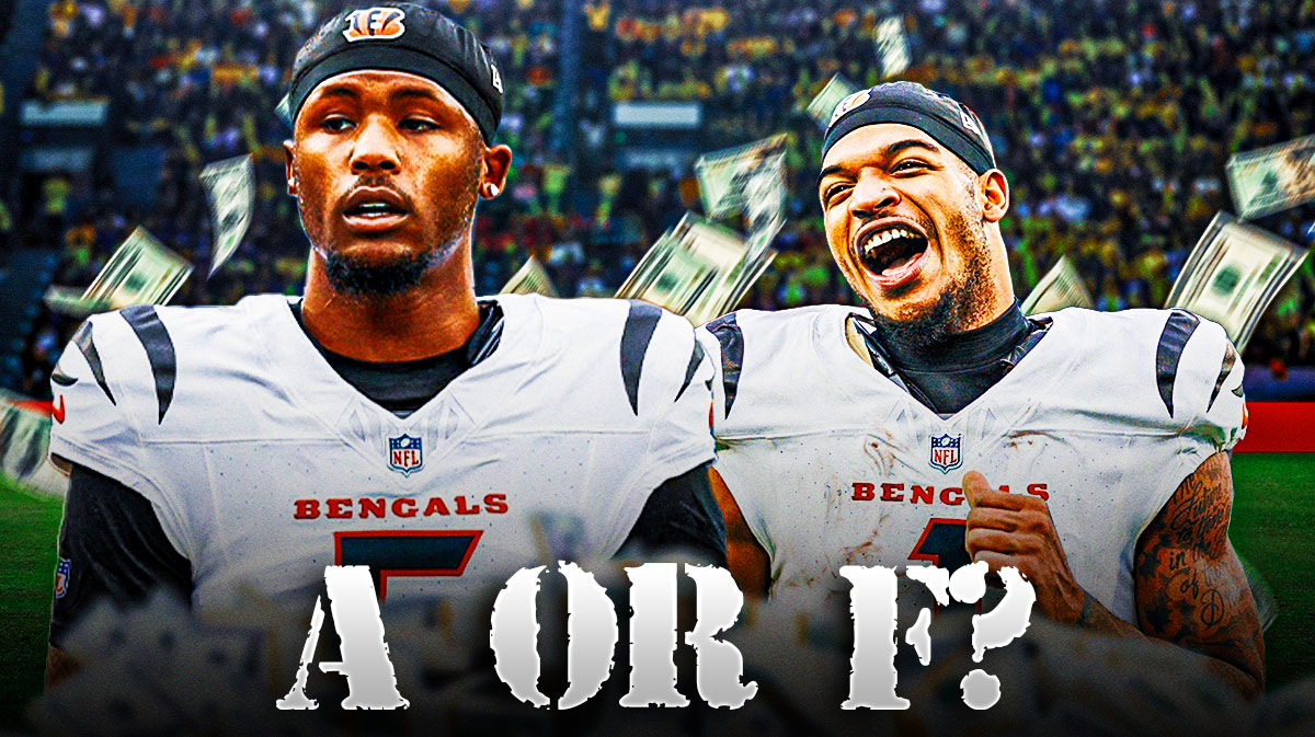Bengals logo behind WRs Ja'Marr Chase and Tee Higgins with money falling from sky indicating a contract extension. Text saying "A+ or F?" Background is Paycor Stadium.