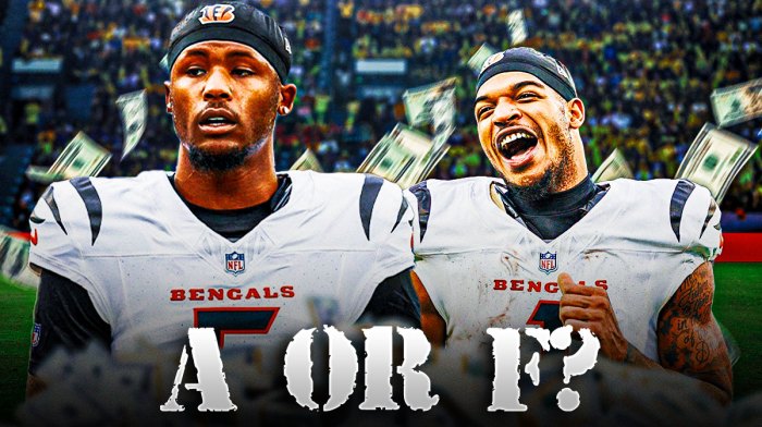 Bengals logo behind WRs Ja'Marr Chase and Tee Higgins with money falling from sky indicating a contract extension. Text saying "A+ or F?" Background is Paycor Stadium.