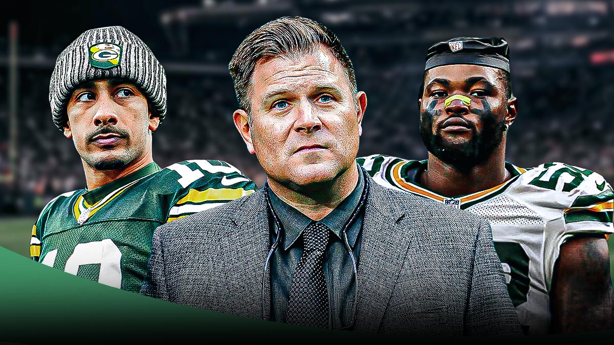 Brian Gutekunst in the middle with Jordan Love on the left and Rashan Gary on the right.