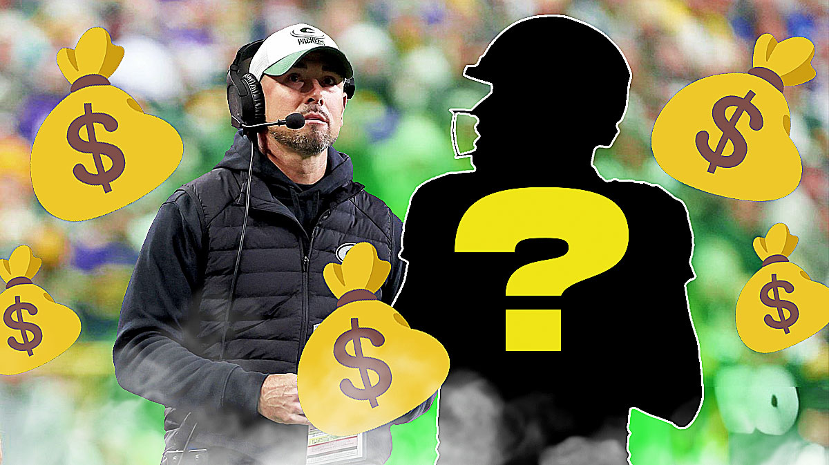 Green Bay Packers head coach Matt LaFleur next to a silhouette of an American football player with a big question mark emoji inside. They are surrounded by money bags emojis (💰). There is also a logo for the Green Bay Packers.