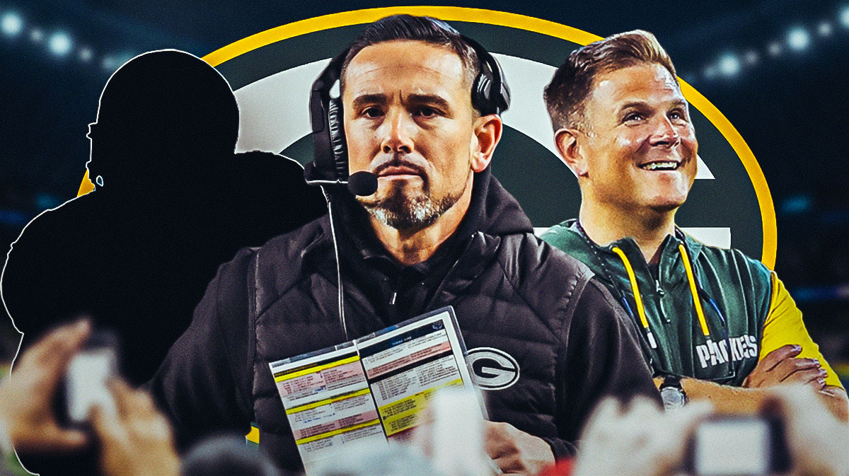 Brian Gutekunst and Matt LaFleur next to mystery player and Packers logo.