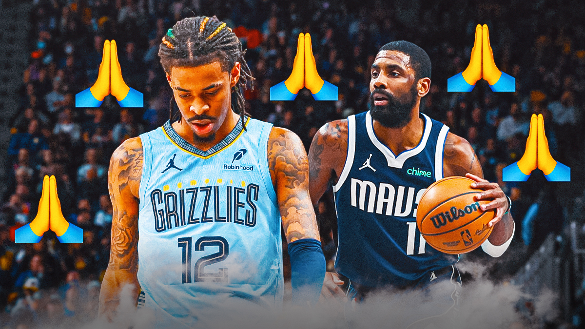 Grizzlies' Ja Morant with prayer hand emojis all over him with Mavericks' Kyrie Irving beside him