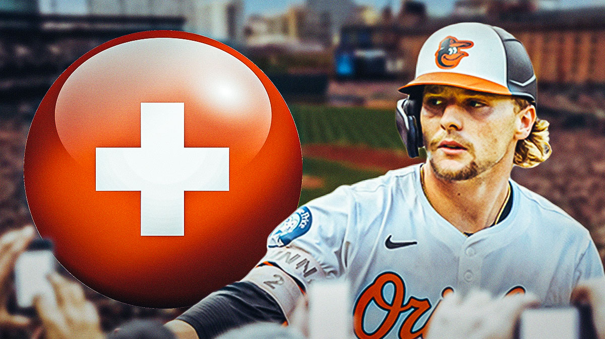 Orioles' Gunnar Henderson with medical Red Cross symbol