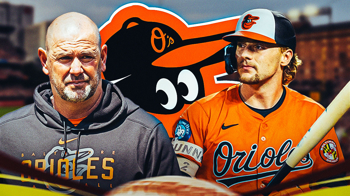 Orioles Gunnar Henderson swinging a baseball bat on left, Orioles Brandon Hyde looking serious on right. Baltimore Orioles 2025 logo in background.