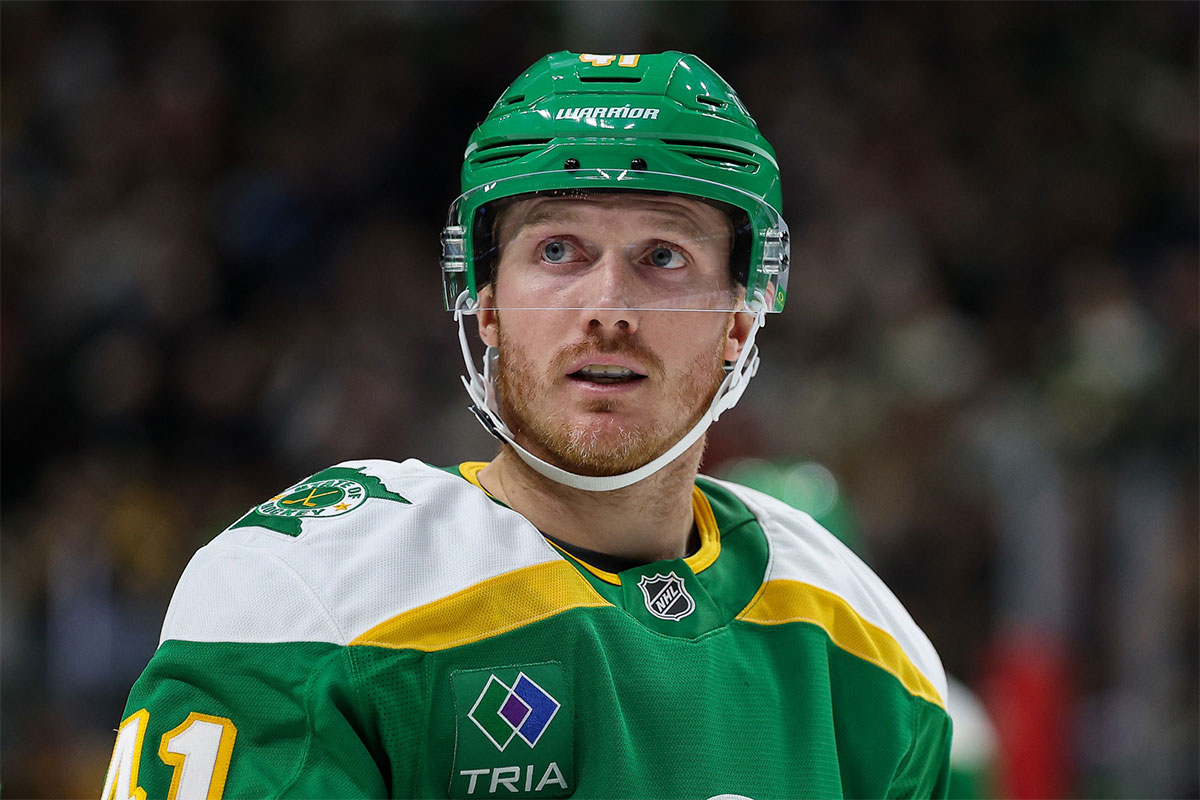 Minnesota Wild center Gustav Nyquist (41) looks on during the second period against the Boston Bruins at Xcel Energy Center.