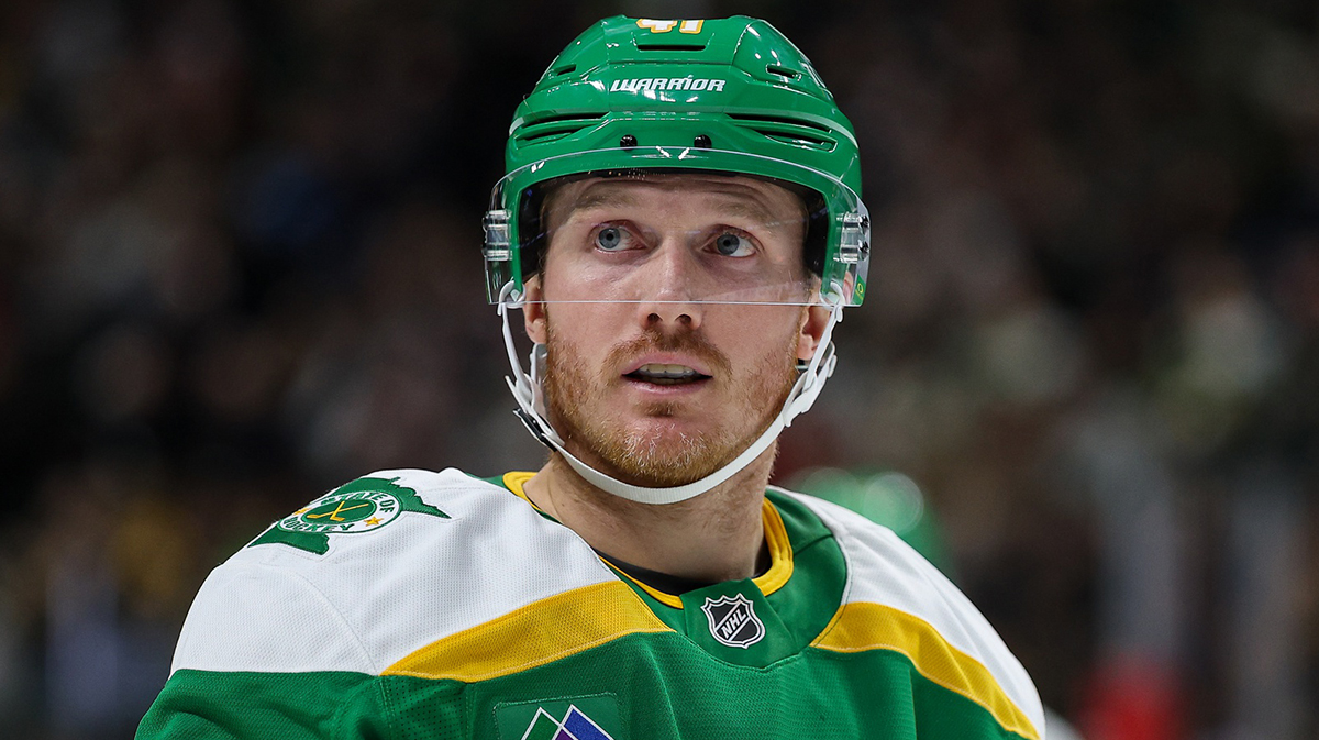 Minnesota Wild center Gustav Nyquist (41) looks on during the second period against the Boston Bruins at Xcel Energy Center.