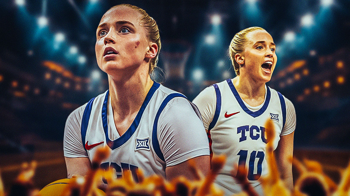 Two photos of TCU women's basketball player Hailey Van Lith while on the court overlaying each other.