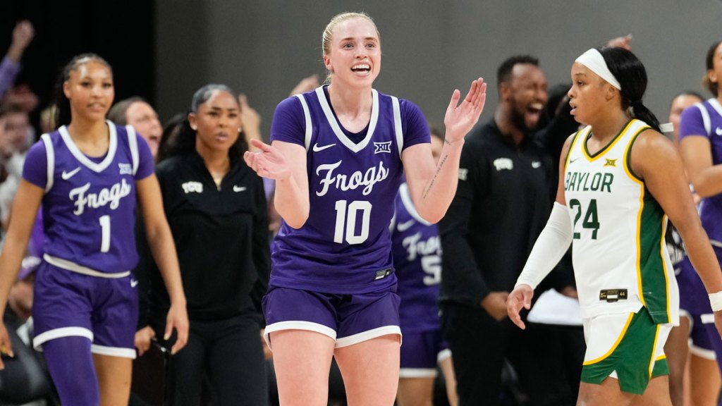 TCU Horned Frogs guard Hailey Van Lith (10) reacts after a play against the Baylor Lady Bears during the second half.