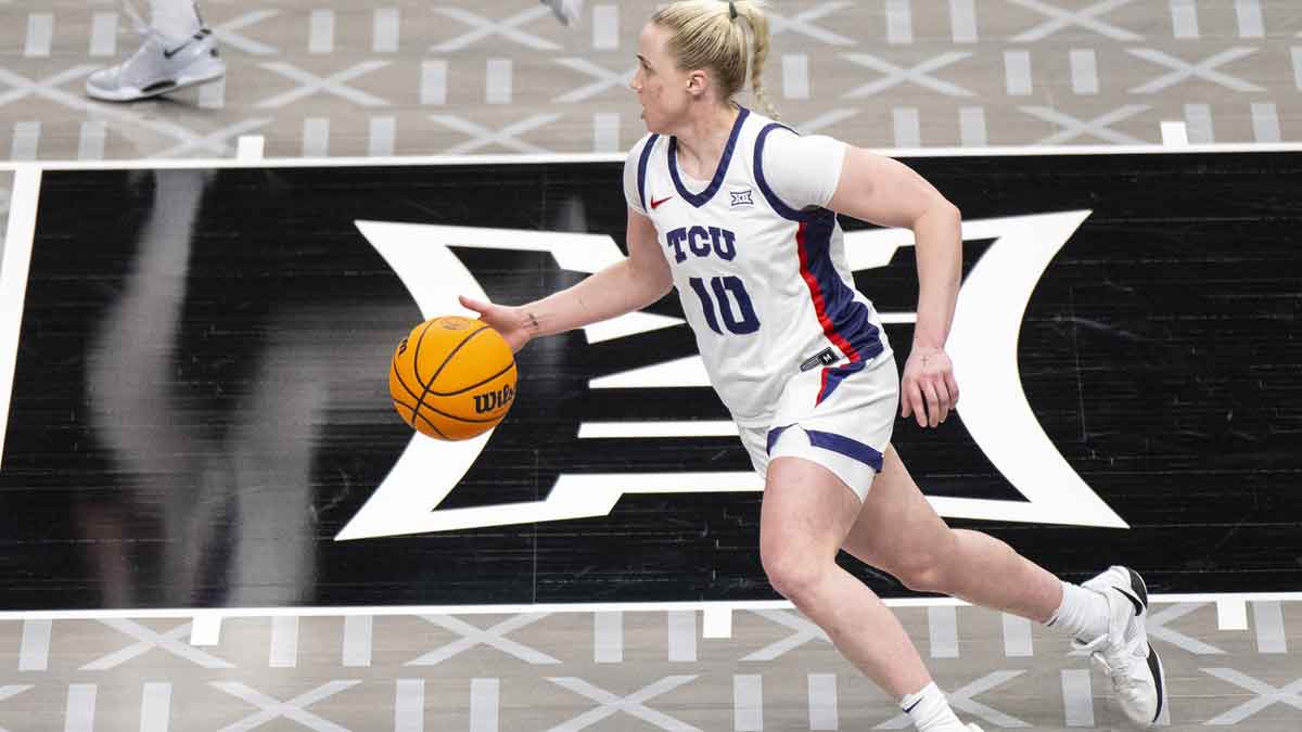 TCU Horned Frogs guard Hailey Van Lith (10) handles the ball against the Baylor Lady Bears during the second half at T-Mobile Center.