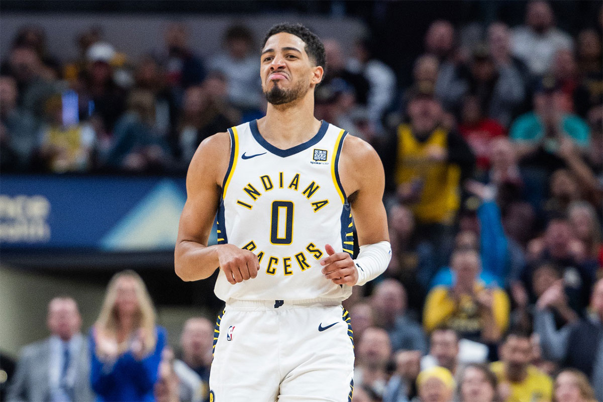 Indiana Pacers Guard Tires Haliburton (0) Celebrate basket made in the second half against the Houston's rocket at Gainbridge Fieldhouse.