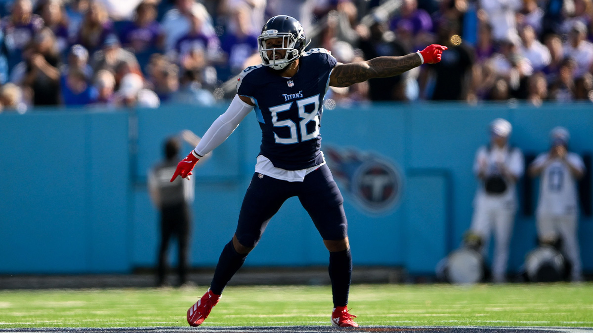 Tennessee Titans linebacker Harold Landry III (58) celebrates the fumble recovery against the Minnesota Vikings during the first half at Nissan Stadium.