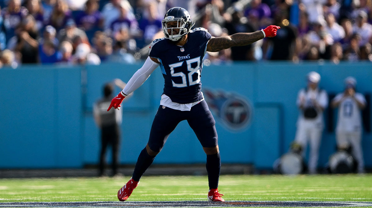 Tennessee Titans linebacker Harold Landry III (58) celebrates the fumble recovery against the Minnesota Vikings during the first half at Nissan Stadium. 