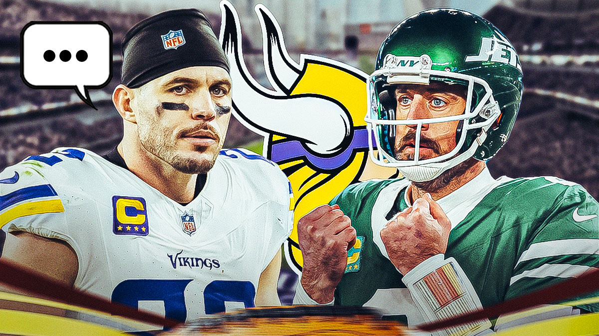 Minnesota Vikings safety Harrison Smith with a speech bubble that has the three dots emoji inside. He is next to QB Aaron Rodgers. There is also a logo for the Minnesota Vikings.