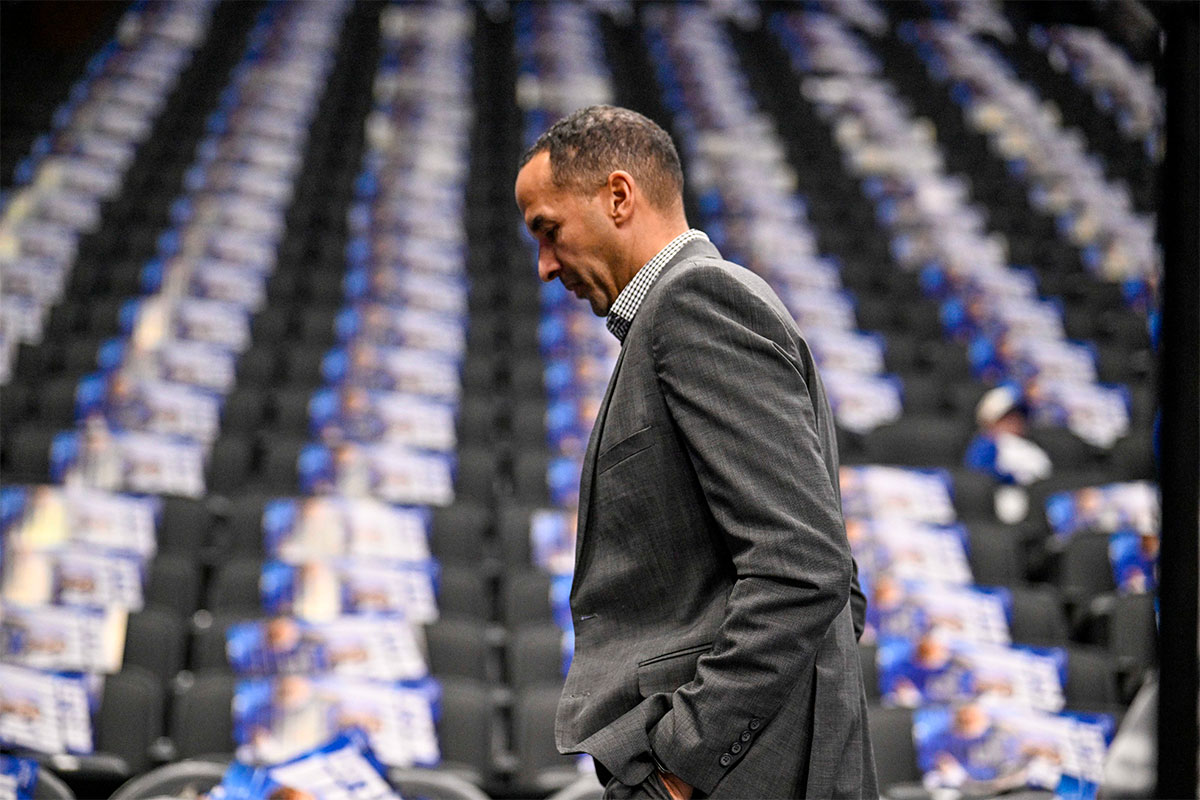 Dallas Mavericks general manager Nico Harrison walks off the court before the game between the Dallas and the Sacramento Kings at the American Airlines Center.