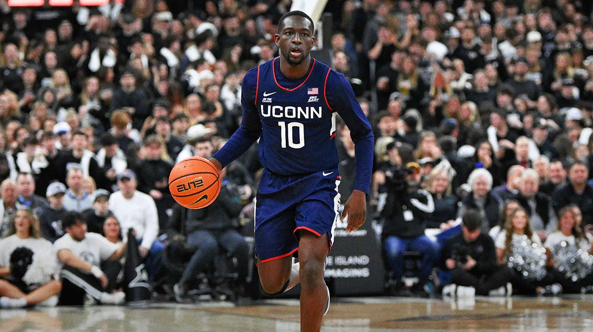 Connecticut Huskies guard Hassan Diarra (10) dribbles the ball during the first half against the Providence Friars at Amica Mutual Pavilion.