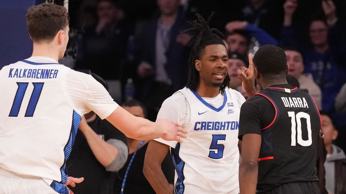 Connecticut Huskies guard Hassan Diarra (10) yells at Creighton Bluejays guard Jamiya Neal (5) as time ran out on the Huskies in the second half at Madison Square Garden at Big East tournament.