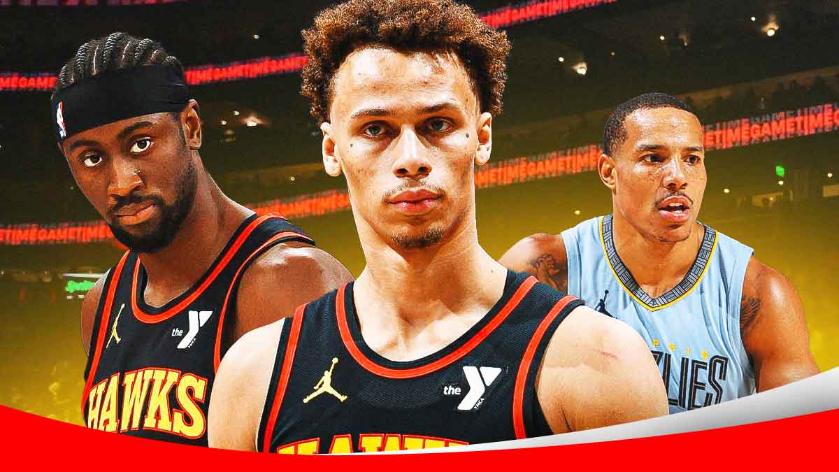 Hawks' Dyson Daniels and Caris LeVert hyped up, with Grizzlies' Desmond Bane looking sad beside them