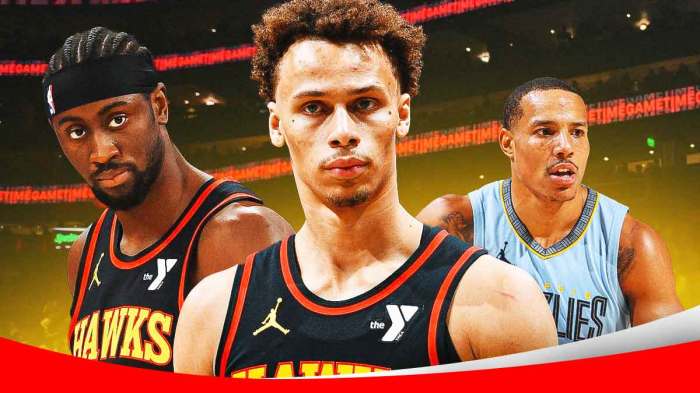 Hawks' Dyson Daniels and Caris LeVert hyped up, with Grizzlies' Desmond Bane looking sad beside them