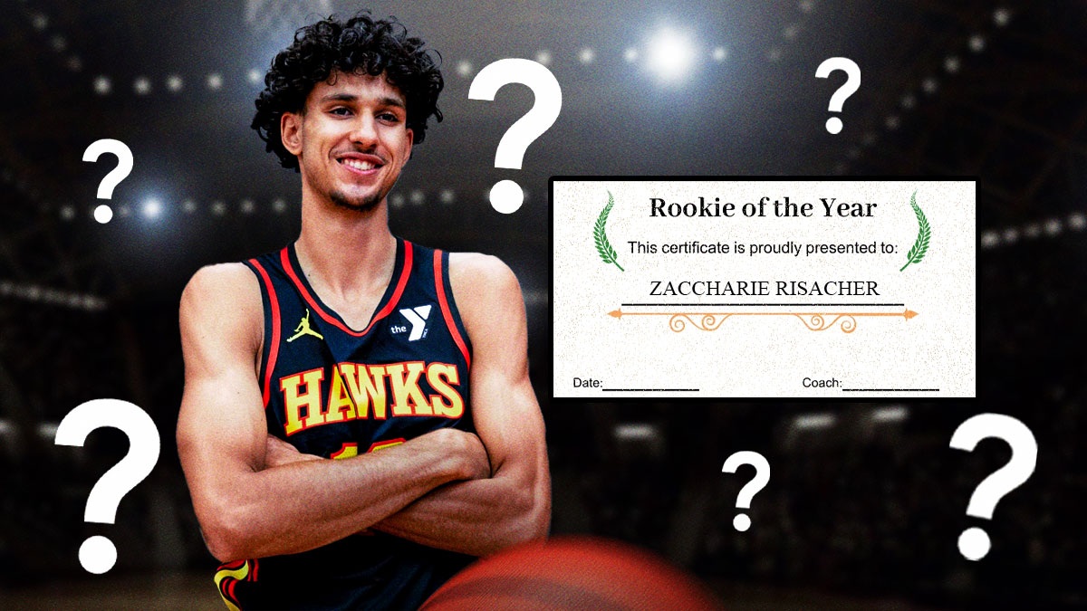 Hawks' Zaccharie Risacher smiling, with Rookie of the Year award beside him, question marks all over