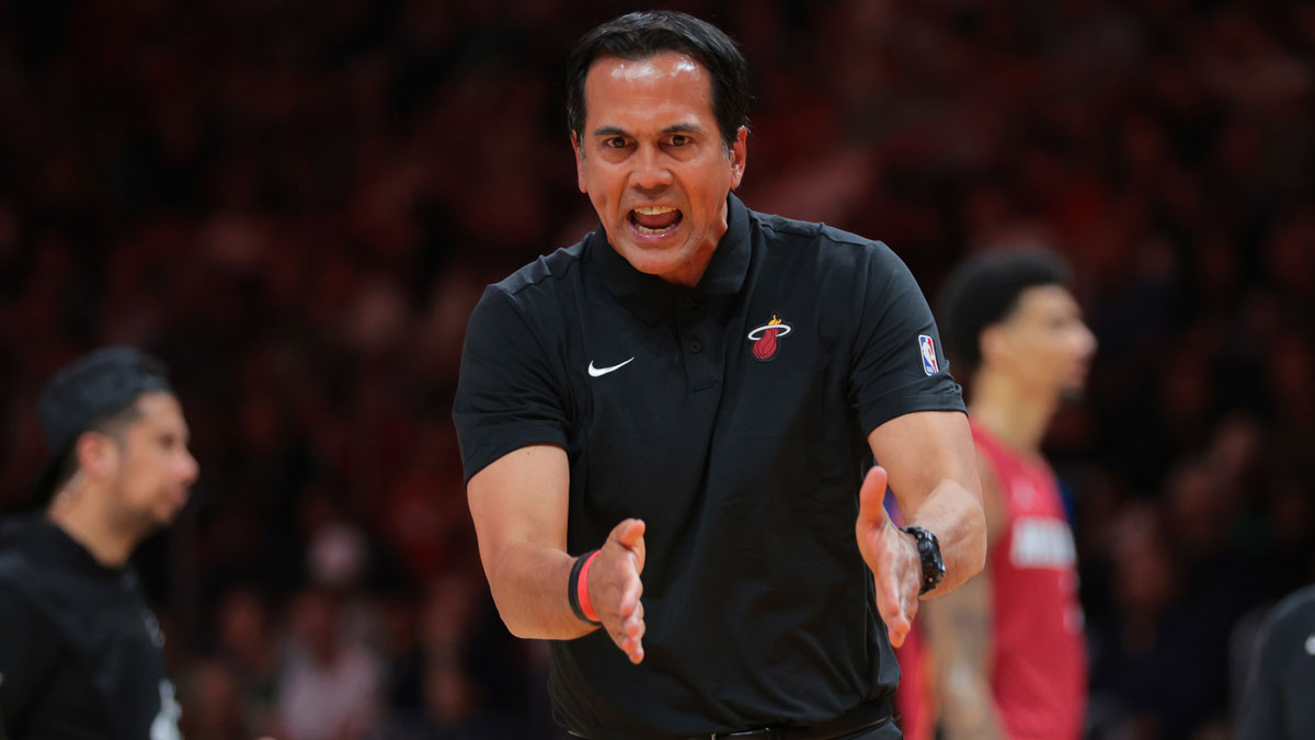 Miami Heat head coach Erik Spoelstra reacts during a timeout against the Boston Celtics in the second quarter at Kaseya Center.