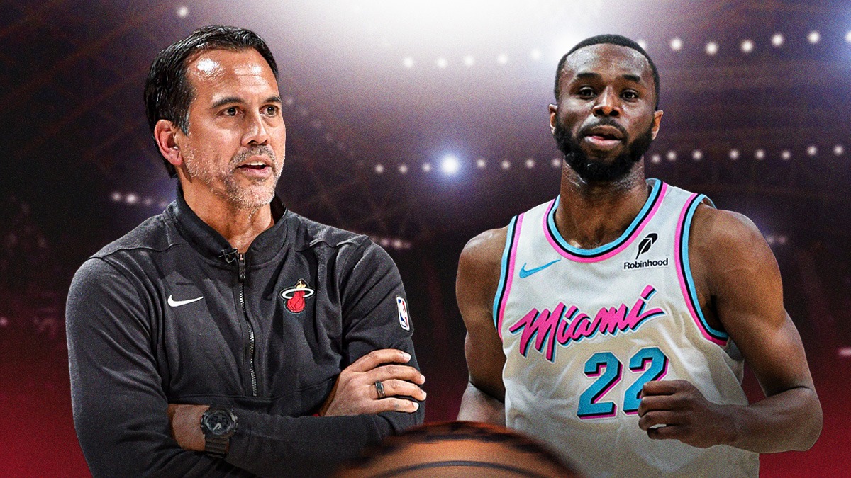 Miami Heat head coach Erik Spoelstra and Andrew Wiggins in front of Kaseya Center.