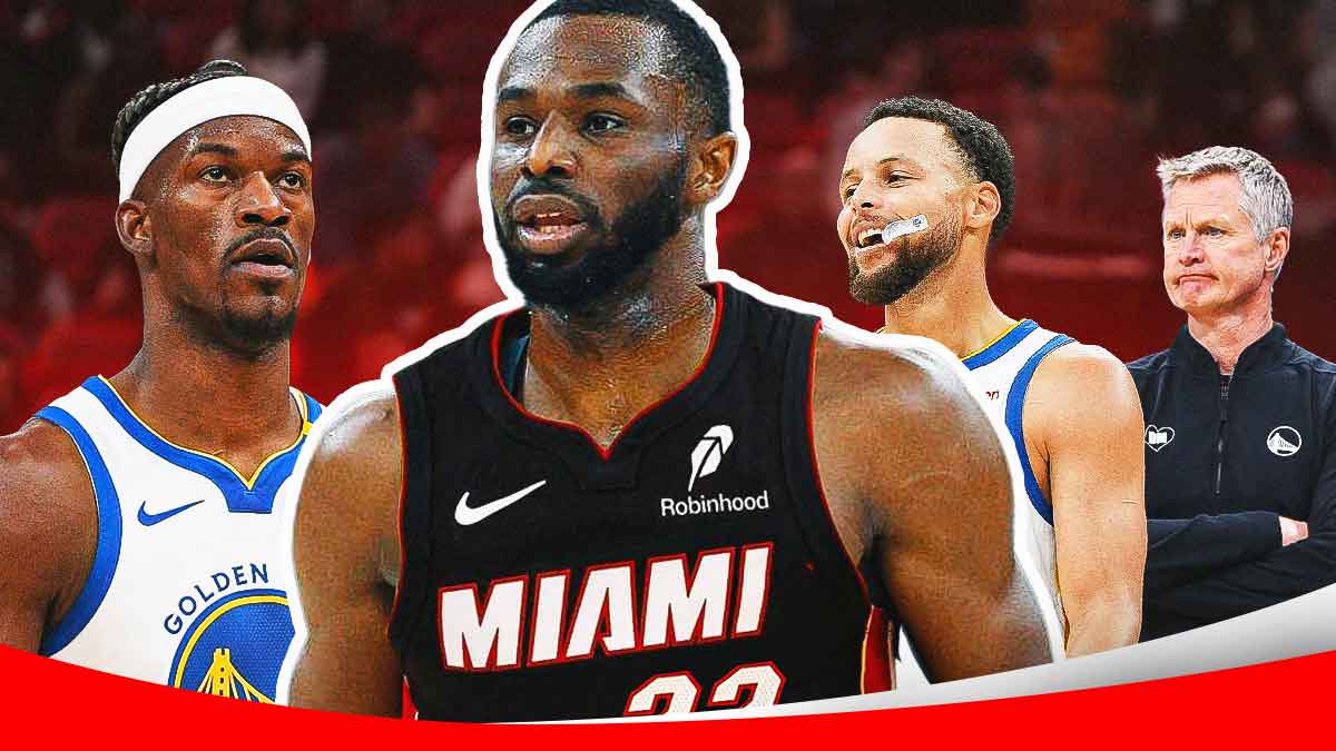 Miami Heat star Andrew Wiggins in the middle with Jimmy Butler and Stephen Curry and Steve Kerr on either side in front of Kaseya Center.