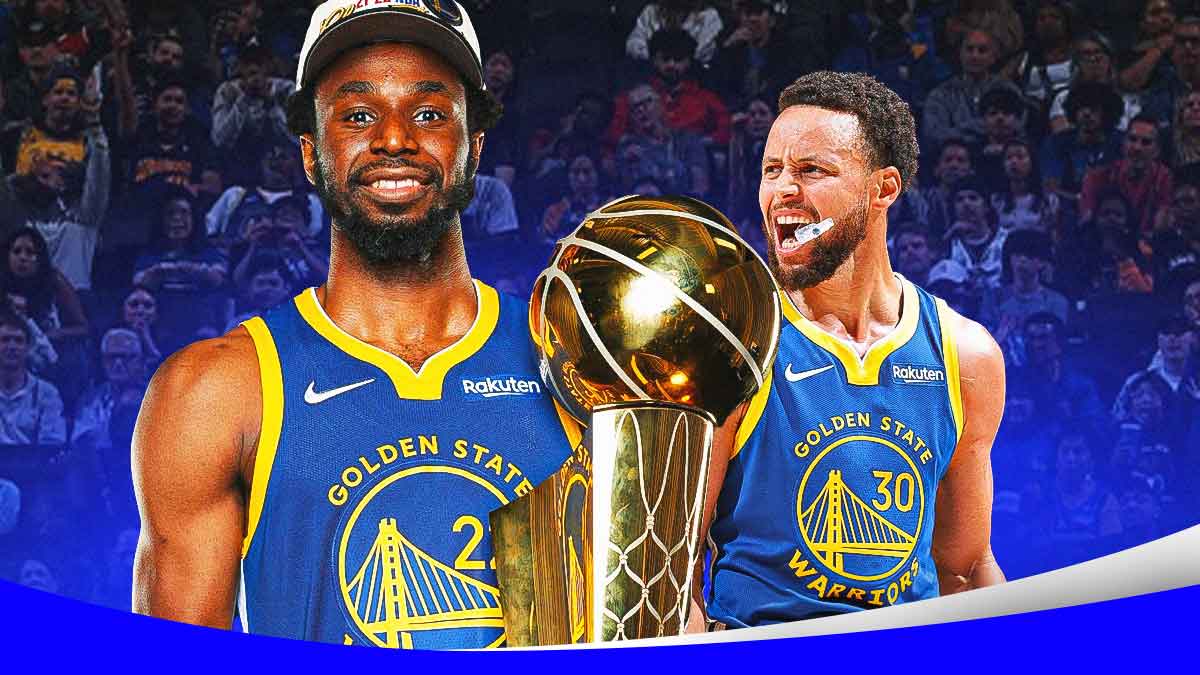 Heat's Andrew Wiggins holding the 2022 NBA championship, with Warriors' Stephen Curry beside him