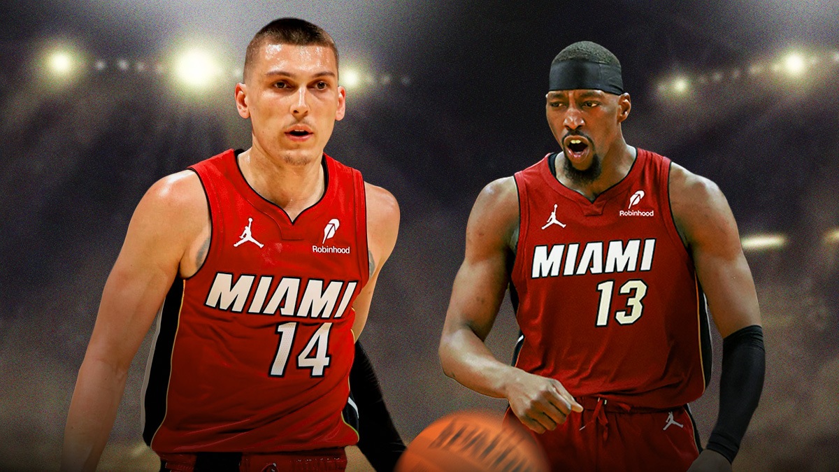 Miami Heat star Bam Adebayo and Tyler Herro in front of Kaseya Center.