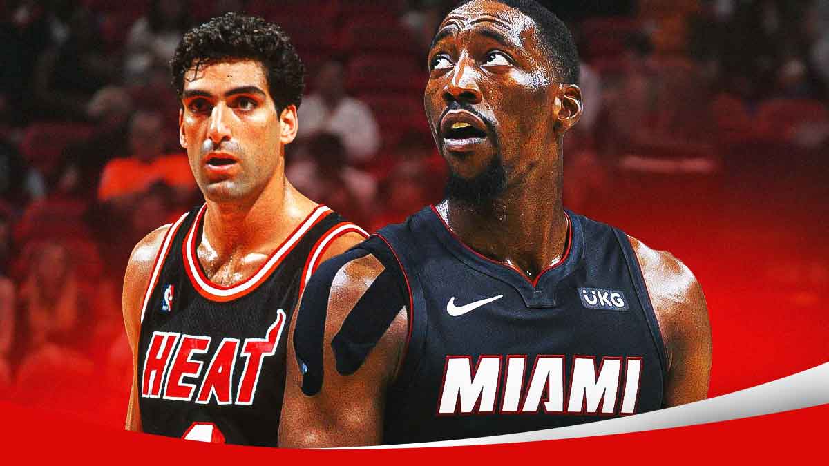Miami Heat star Bam Adebayo and Rony Seikaly in front of Kaseya Center.