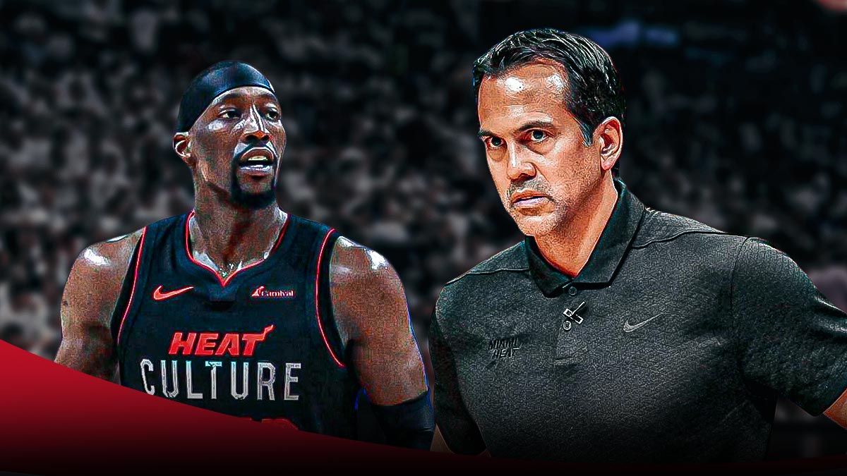 Miami Heat head coach Erik Spoelstra and Bam Adebayo in front of Kaseya Center.