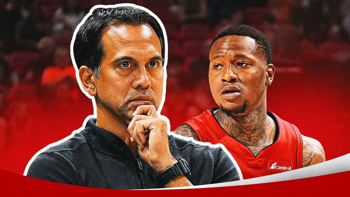 Miami Heat head coach Erik Spoelstra and Terry Rozier in front of Kaseya Center.