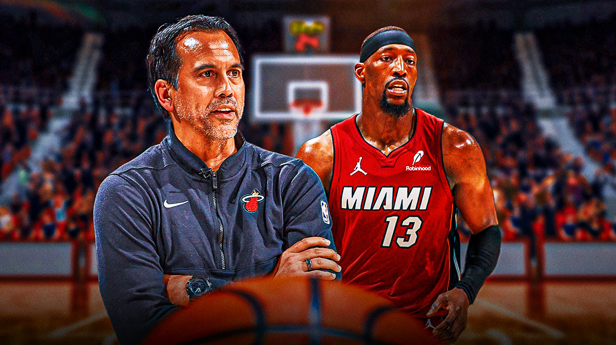 Miami Heat head coach Erik Spoelstra and Bam Adebayo in front of Kaseya Center.