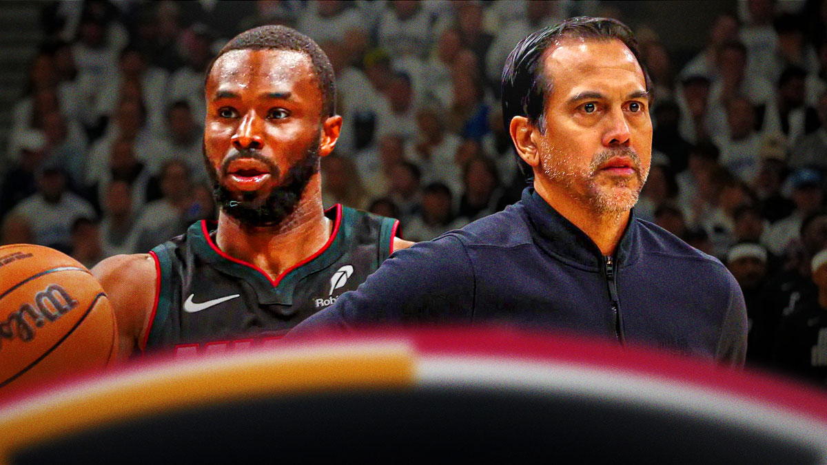 Miami Heat head coach Erik Spoelstra and Andrew Wiggins in front of Kaseya Center.