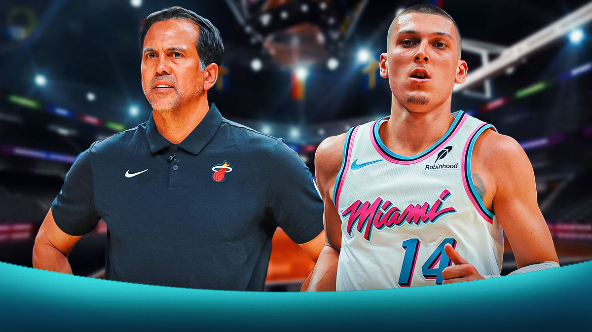 Miami Heat head coach Erik Spoelstra and Tyler Herro in front of Kaseya Center.